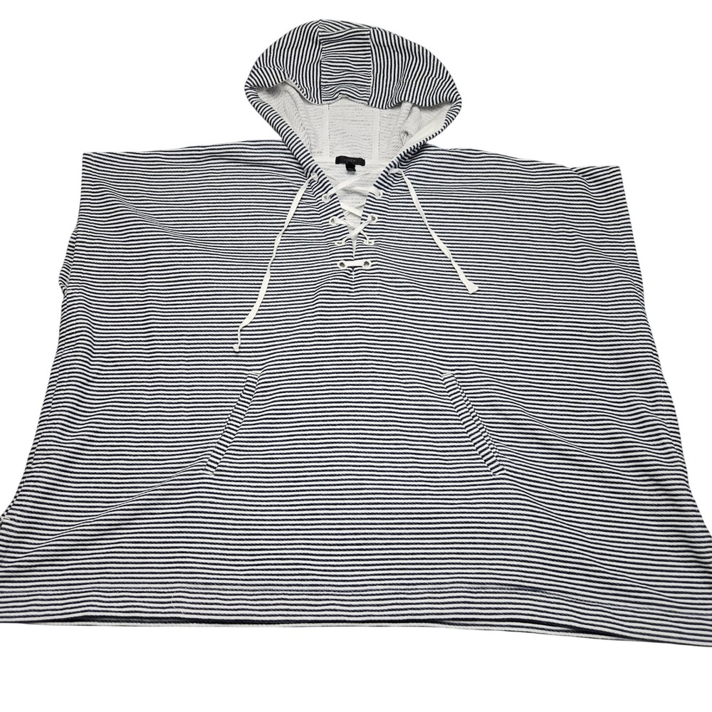 J Crew Hooded Poncho M L Navy White Stripe‎ Lace Up Resort Coastal Nautical